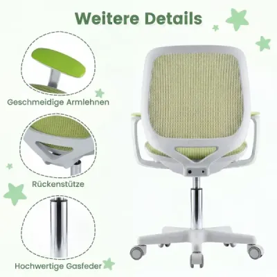 Výškově nastavitelná dětská otočná židle s aretací sedáku – ergonomická židle k psacímu stolu, kancelářská židle, zelená