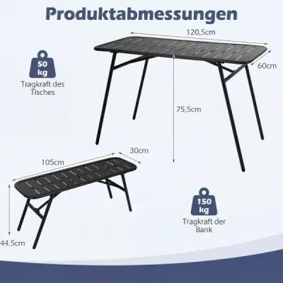 3dílná sada zahradního nábytku z kovu – balkonový nábytek se stolem a 2 lavicemi, nosnost až 150 kg