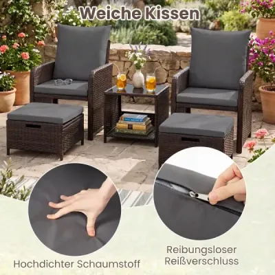5dílná sada zahradního nábytku z polyrotanu na balkon, obsahující 2 křesla, 2 taburety a skleněný stolek, šedá