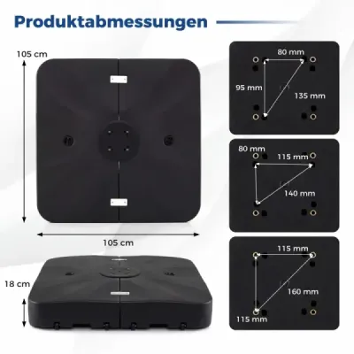 Stojan na slunečník s klikou a kolečky, HDPE, 105 cm, čtvercový, s možností naplnění, do zahrady, na terasu, k bazénu, černý