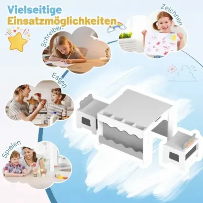 Dětský stůl se 2 židlemi – 3dílná dětská jídelní souprava ze dřeva s oboustranným a odnímatelným šedým potahem