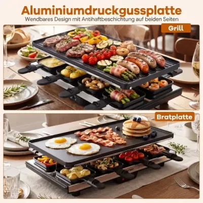Raclette pro 8 osob Elektrický gril s oboustrannou nepřilnavou grilovací deskou 2 v 1, 1400 W