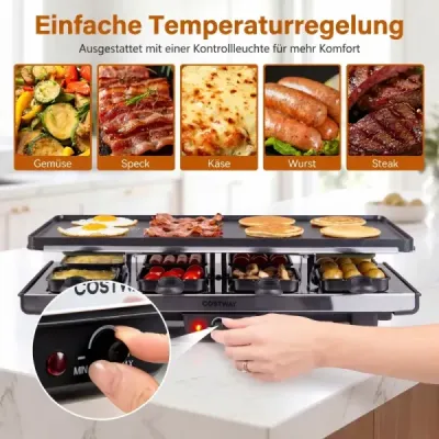 Raclette pro 8 osob Elektrický gril s oboustrannou nepřilnavou grilovací deskou 2 v 1, 1400 W