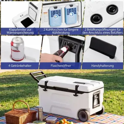 Chladicí box 50 l Velký plastový termobox s kolečky a rukojetí Izolační box s odtokovou zátkou, bílý