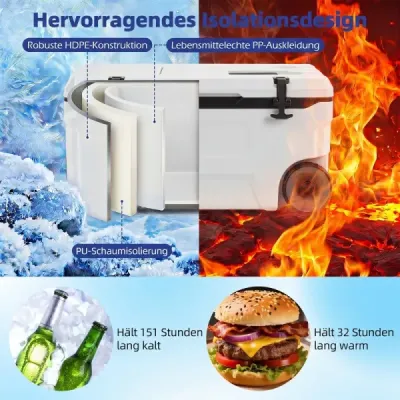 Chladicí box 50 l Velký plastový termobox s kolečky a rukojetí Izolační box s odtokovou zátkou, bílý
