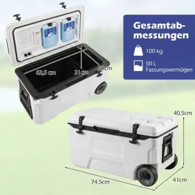 Chladicí box 50 l Velký plastový termobox s kolečky a rukojetí Izolační box s odtokovou zátkou, bílý