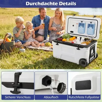 Chladicí box 50 l Velký plastový termobox s kolečky a rukojetí Izolační box s odtokovou zátkou, bílý