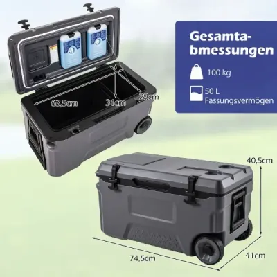 Chladicí box 50 l Velký plastový termobox s kolečky a rukojetí Izolační box s odtokovou zátkou Šedý