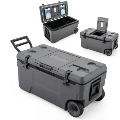 Chladicí box 70 l Velký plastový termobox s kolečky a rukojetí Izolační box s odtokovou zátkou Šedý