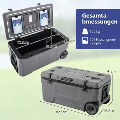 Chladicí box 70 l Velký plastový termobox s kolečky a rukojetí Izolační box s odtokovou zátkou Šedý