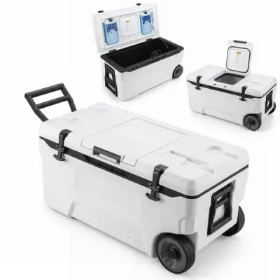 Chladicí box 70 l Velký plastový termobox s kolečky a rukojetí Izolační box s odtokovou zátkou, bílý