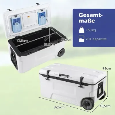 Chladicí box 70 l Velký plastový termobox s kolečky a rukojetí Izolační box s odtokovou zátkou, bílý