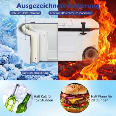 Chladicí box 70 l Velký plastový termobox s kolečky a rukojetí Izolační box s odtokovou zátkou, bílý
