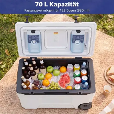 Chladicí box 70 l Velký plastový termobox s kolečky a rukojetí Izolační box s odtokovou zátkou, bílý
