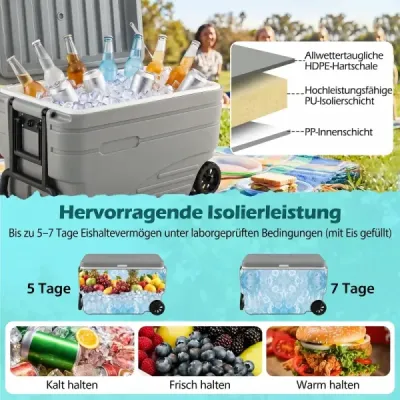 Přenosná chladicí taška na kolečkách – izolovaná taška odolná proti povětrnostním vlivům se sklopnou rukojetí a 2 lehce se otáčejícími kolečky, šedá, 98 l