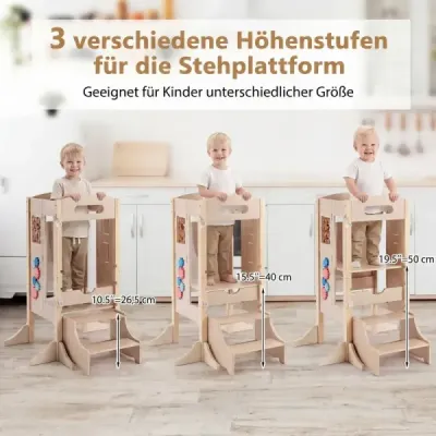 Skládací výuková věž 3 v 1 – montessori výuková židle s křídovou tabulí, ochranou proti převrácení a odnímatelnou bezpečnostní sítí