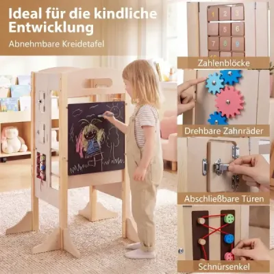 Skládací výuková věž 3 v 1 – montessori výuková židle s křídovou tabulí, ochranou proti převrácení a odnímatelnou bezpečnostní sítí