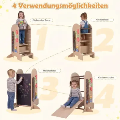 Dětská vzdělávací věž 4 v 1 se skluzavkou, montessori žebříkem, křídovou tabulí a herním stolem pro děti od 3 let