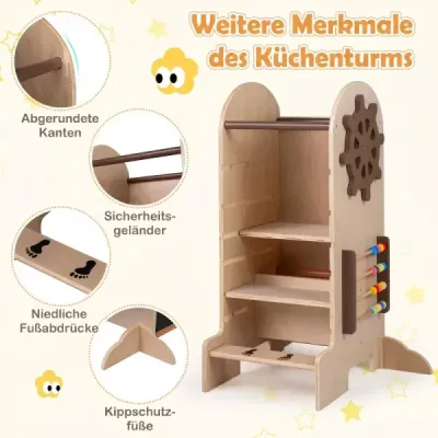 Dětská vzdělávací věž 4 v 1 se skluzavkou, montessori žebříkem, křídovou tabulí a herním stolem pro děti od 3 let