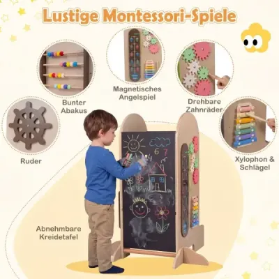 Dětská vzdělávací věž 4 v 1 se skluzavkou, montessori žebříkem, křídovou tabulí a herním stolem pro děti od 3 let