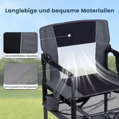 Skládací kempingová židle s opěrkou na nohy, síťovanou odkládací plochou, držákem na nápoje a otvírákem na láhve, nosnost až 150 kg, černá