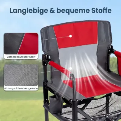 Skládací kempingová židle s opěrkou na nohy, síťovanou odkládací plochou, držákem na nápoje a otvírákem na láhve, nosnost až 150 kg, červená