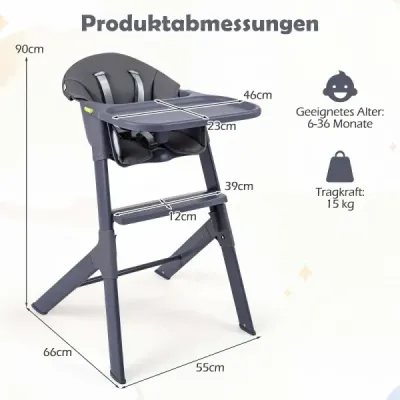 Dětská židlička 3 v 1 s nastavitelným podnosem a opěrkou nohou, nosnost do 15 kg, šedá
