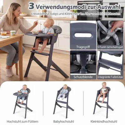 Dětská židlička 3 v 1 s nastavitelným podnosem a opěrkou nohou, nosnost do 15 kg, šedá