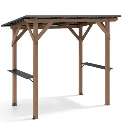 Grilový altán – dřevěná přístřeška nad grilem se 2 bočními policemi a šikmou kovovou střechou, rozměry 263 x 151 x 223 cm