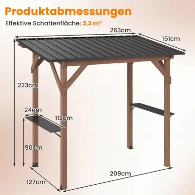 Grilový altán – dřevěná přístřeška nad grilem se 2 bočními policemi a šikmou kovovou střechou, rozměry 263 x 151 x 223 cm