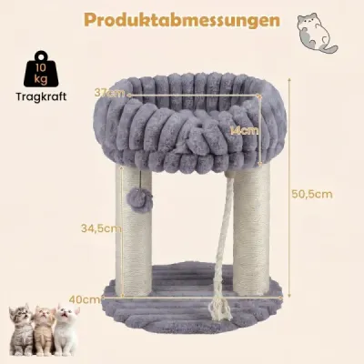 Plyšový škrabací strom pro kočky s odpočinkovou plošinou a sisalovými sloupky – lezecká věž 40 x 40 x 50,5 cm, šedá