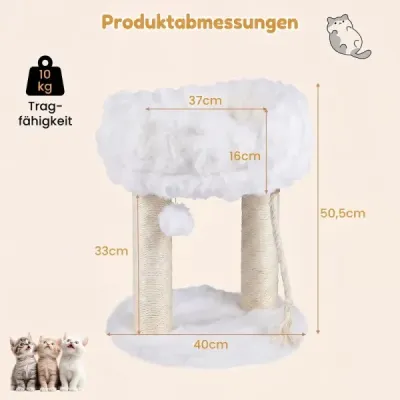 Plyšový škrabací strom pro kočky s odpočinkovou plošinou a sisalovými sloupky – lezecká věž 40 x 40 x 50,5 cm, bílá