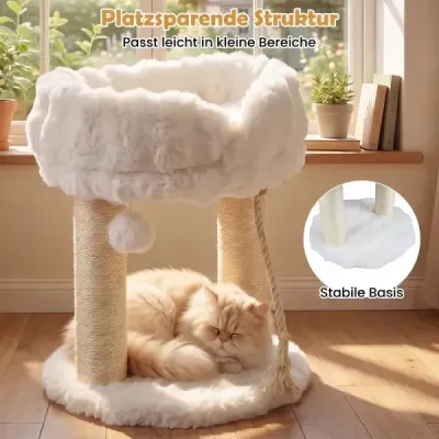 Plyšový škrabací strom pro kočky s odpočinkovou plošinou a sisalovými sloupky – lezecká věž 40 x 40 x 50,5 cm, bílá
