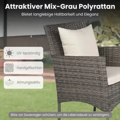3dílná sada zahradního nábytku na balkon včetně 2 ratanových židlí s dvouvrstvým stolem z tvrzeného skla, béžová