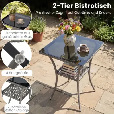3dílná sada zahradního nábytku na balkon včetně 2 ratanových židlí s dvouvrstvým stolem z tvrzeného skla, béžová