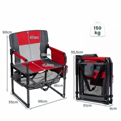 Sada 2 ks skládacích kempingových židlí s odkládací plochou ze síťoviny, držákem na nápoje a otvírákem na láhve, nosnost až 150 kg, červená