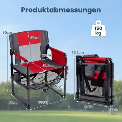 Sada 2 ks skládacích kempingových židlí s odkládací plochou ze síťoviny, držákem na nápoje a otvírákem na láhve, nosnost až 150 kg, červená