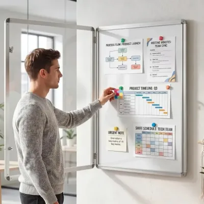 Uzamykatelná vitrína s informačním panelem, magnetickou a popisovatelnou zadní stěnou, 90 x 65 cm, stříbrná