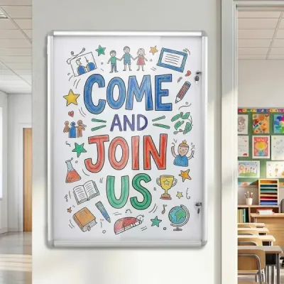 Uzamykatelná vitrína s informačním panelem, magnetickou a popisovatelnou zadní stěnou, 90 x 65 cm, stříbrná