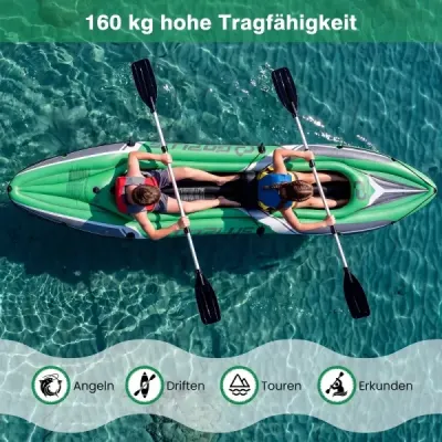 Nafukovací kajak pro 2 osoby, nafukovací člun se 2 hliníkovými pádly a opěrkami pro nohy, nosnost až 160 kg, zelený