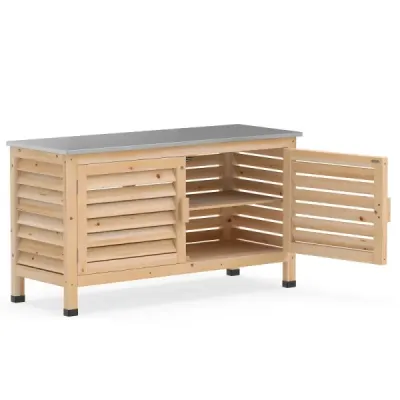 Zahradní skříňka z jedlového dřeva, skříňka na nářadí s 2 lamelovými dvířky a pracovní deskou z nerezové oceli, 109 x 40,5 x 61,5 cm