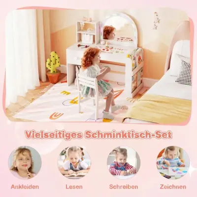 Dětský toaletní stolek s osvětlením, dětský toaletní stolek s princeznovskou tématikou a osvětleným zrcadlem, toaletní stolek, čistě bílá