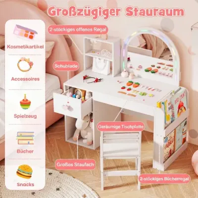 Dětský toaletní stolek s osvětlením, dětský toaletní stolek s princeznovskou tématikou a osvětleným zrcadlem, toaletní stolek, čistě bílá