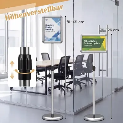Informační stojan A4 81–131 cm Výškově nastavitelný držák na jídelní lístky Otočný stojan na plakáty s plnitelnou základnou Stříbrný