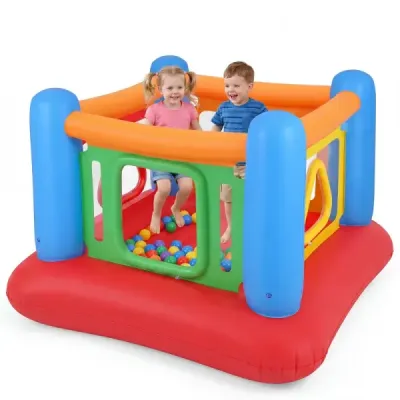 Nafukovací skákací hrad 3 v 1, hrací hrad, hřiště s míčky a ohrádka, trampolína se 4 dvířky, 160 x 160 x 125 cm, modrý