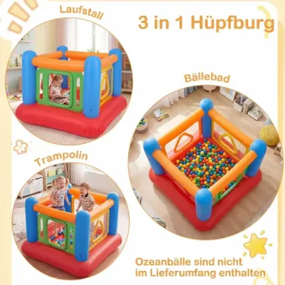 Nafukovací skákací hrad 3 v 1, hrací hrad, hřiště s míčky a ohrádka, trampolína se 4 dvířky, 160 x 160 x 125 cm, modrý