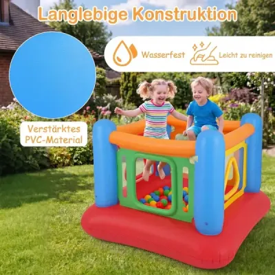 Nafukovací skákací hrad 3 v 1, hrací hrad, hřiště s míčky a ohrádka, trampolína se 4 dvířky, 160 x 160 x 125 cm, modrý