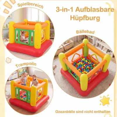 Nafukovací skákací hrad 3 v 1, hrací hrad, hřiště s míčky a ohrádka, trampolína se 4 dvířky, 160 x 160 x 125 cm, červená