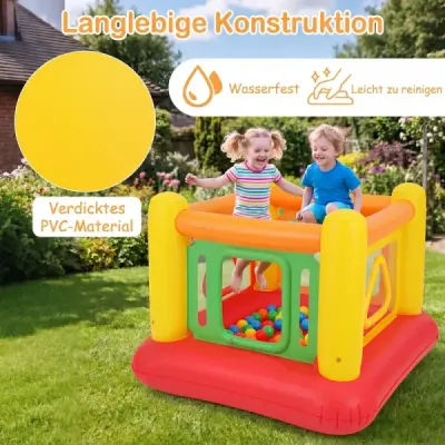 Nafukovací skákací hrad 3 v 1, hrací hrad, hřiště s míčky a ohrádka, trampolína se 4 dvířky, 160 x 160 x 125 cm, červená