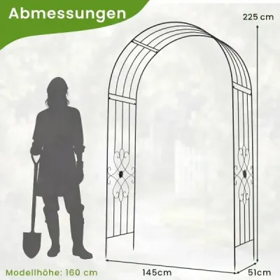 Kovový zahradní oblouk, oblouk na růže se 4 trny do země, treláž na růže pro popínavé rostliny a růže, 144 x 51 x 222 cm, černý
